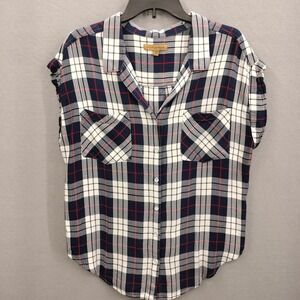 Jachs Girlfriend Plaid Button Up Shirt Women's M Blue White Short Sleeveless Top